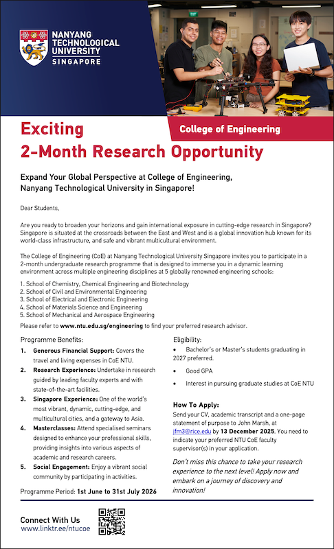 Research Summer Programme at Nanyang Technological University